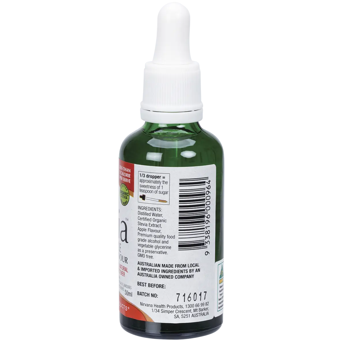 Nirvana Organics Liquid Stevia Apple 50ml — side pack image (UHP)