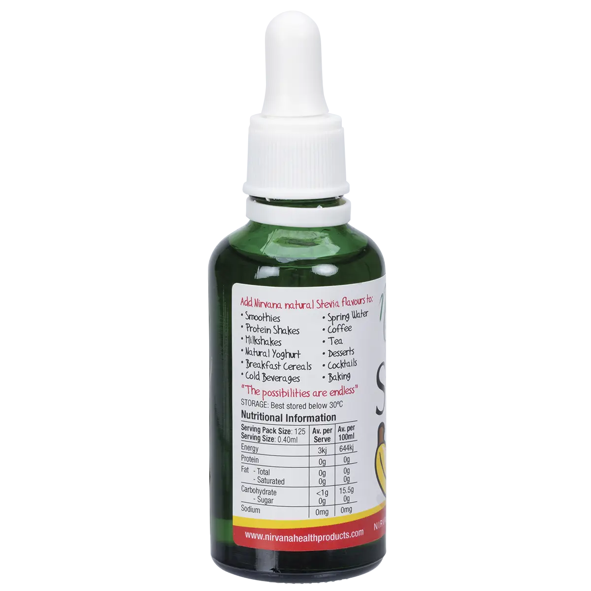 Nirvana Organics Liquid Stevia Banana 50ml — side pack image (UHP)