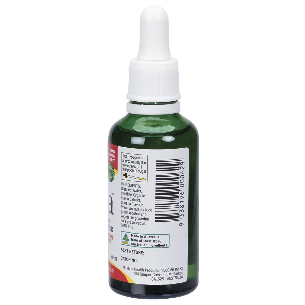 Nirvana Organics Liquid Stevia Banana 50ml — side pack image (UHP)