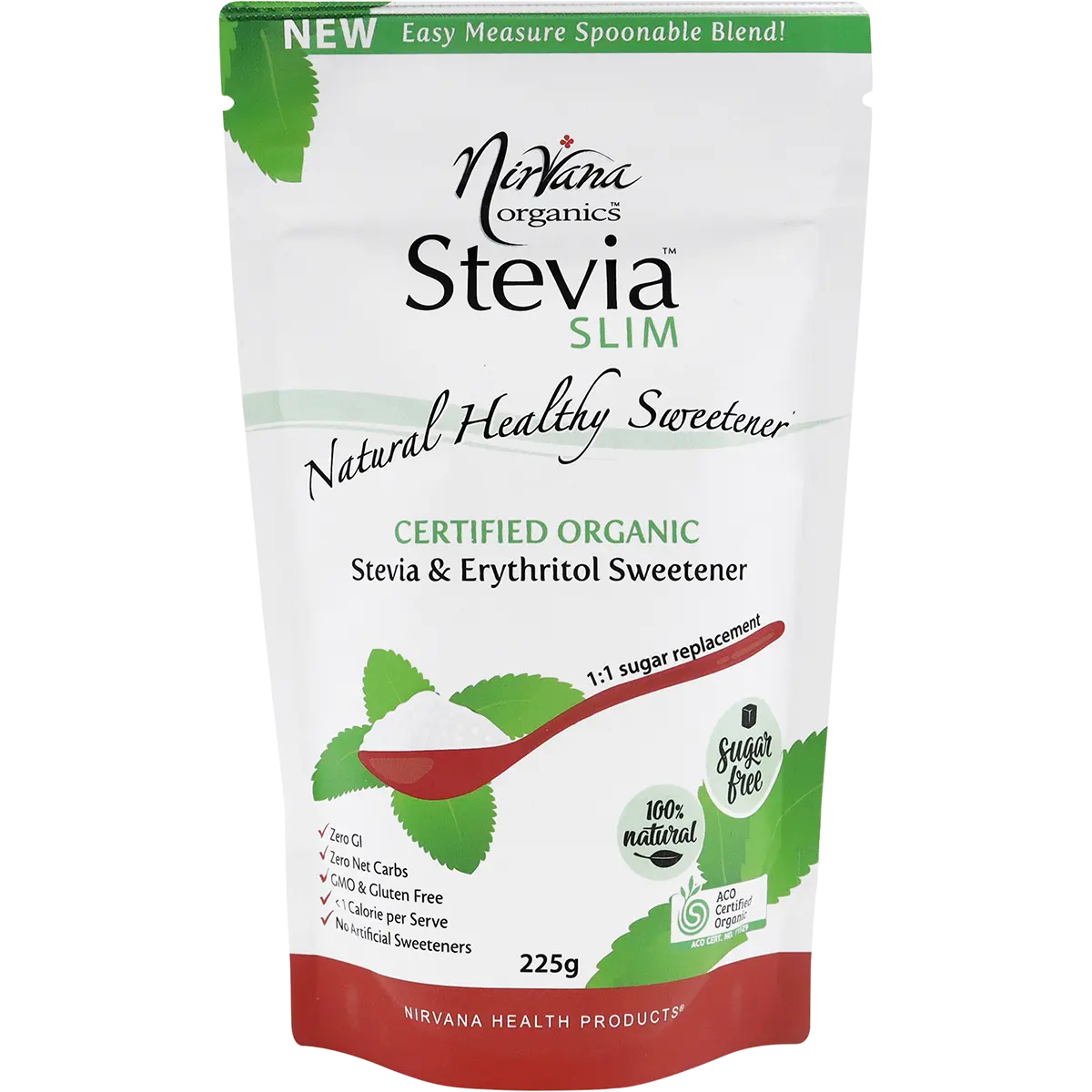 Nirvana Organics Stevia & Erythritol Sweetener Stevia Slim Spoonable — front pack image (UHP)