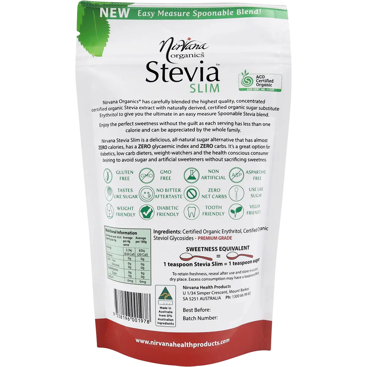 Nirvana Organics Stevia & Erythritol Sweetener Stevia Slim Spoonable — back pack image (UHP)