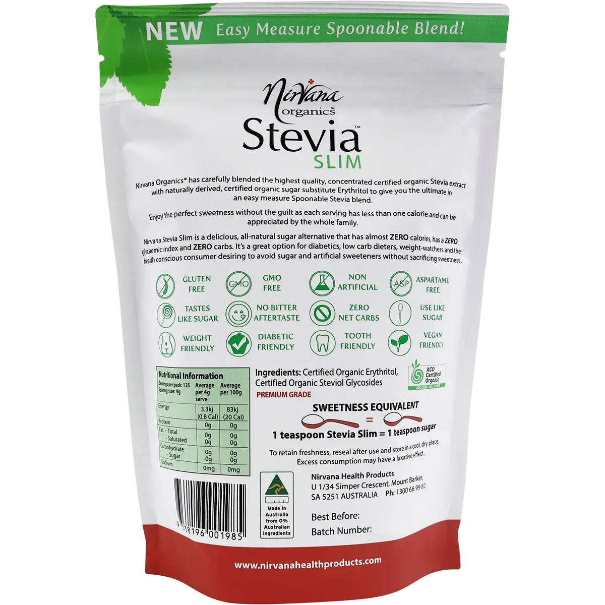 Nirvana Organics Stevia & Erythritol Sweetener Stevia Slim Spoonable — back pack image (UHP)