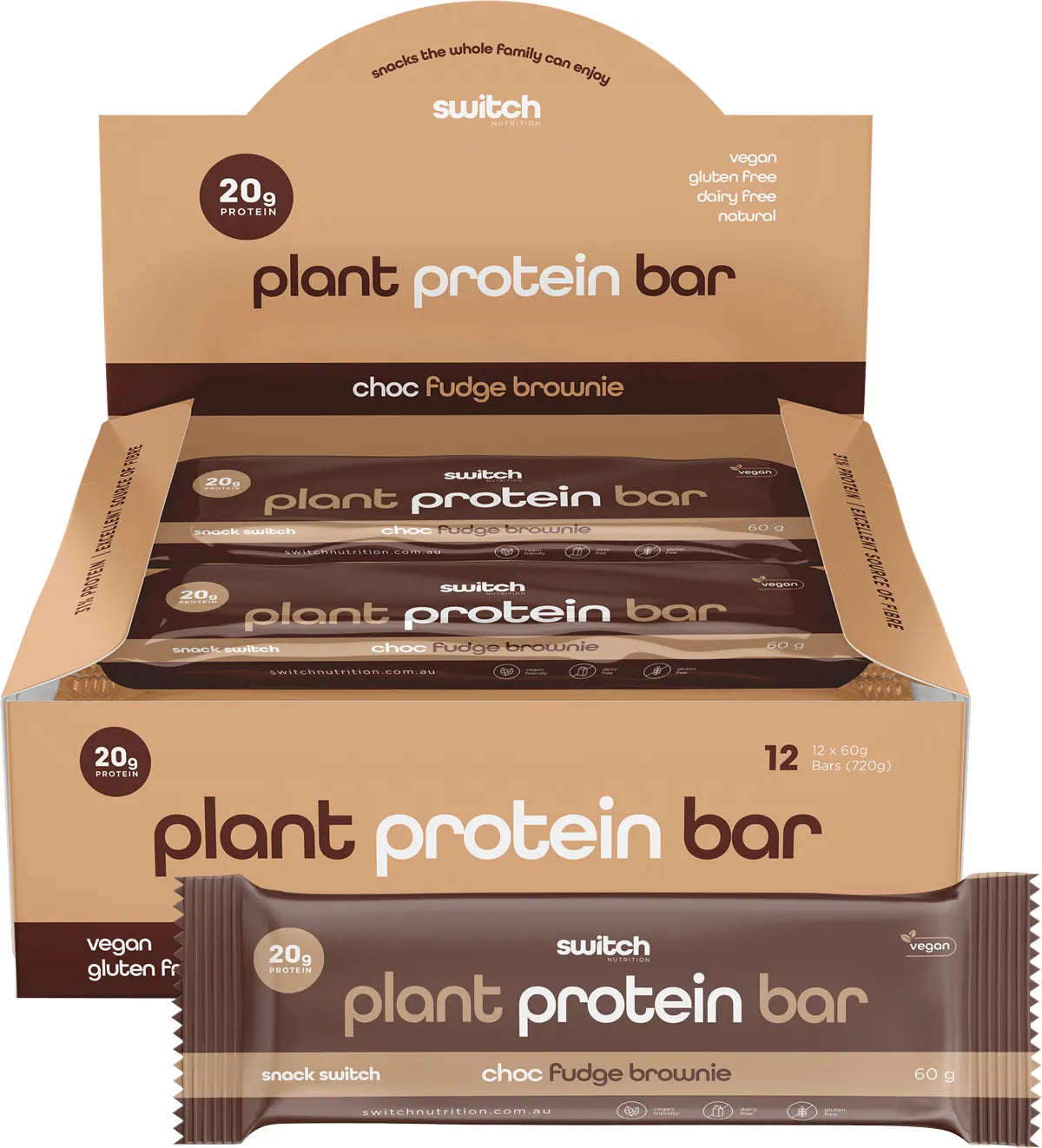 Switch Nutrition Protein Bar 20g Plant Based Choc Fudge Brownie 12 x 60g