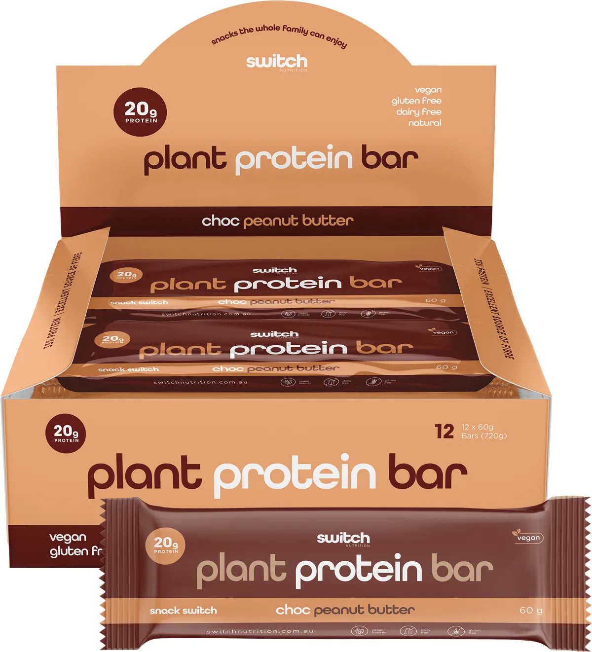 Switch Nutrition Protein Bar Plant Based Choc Peanut Butter 12 x 60g