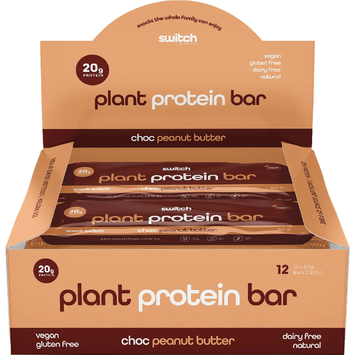 Switch Nutrition Protein Bar Plant Based Choc Peanut Butter 12 x 60g