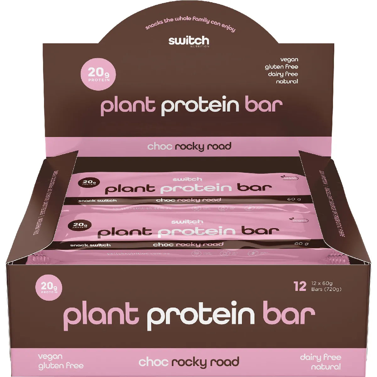 Switch Nutrition Protein Bar Plant Based Choc Rocky Road 12 x 60g