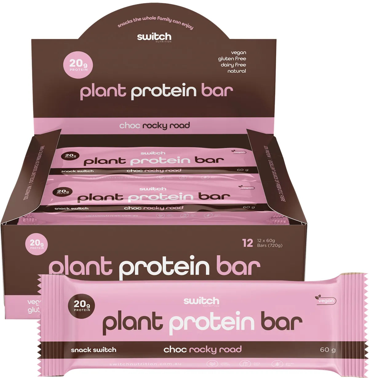 Switch Nutrition Protein Bar Plant Based Choc Rocky Road 12 x 60g