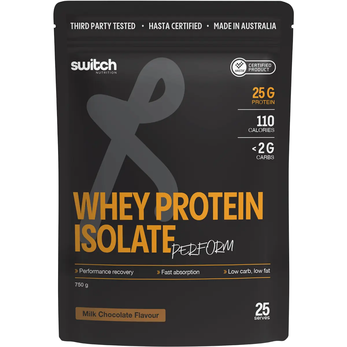 Switch Nutrition Perform Whey Protein Isolate Hasta Cert Chocolate Milk 750g — replacement front image (official Switch Nutrition)