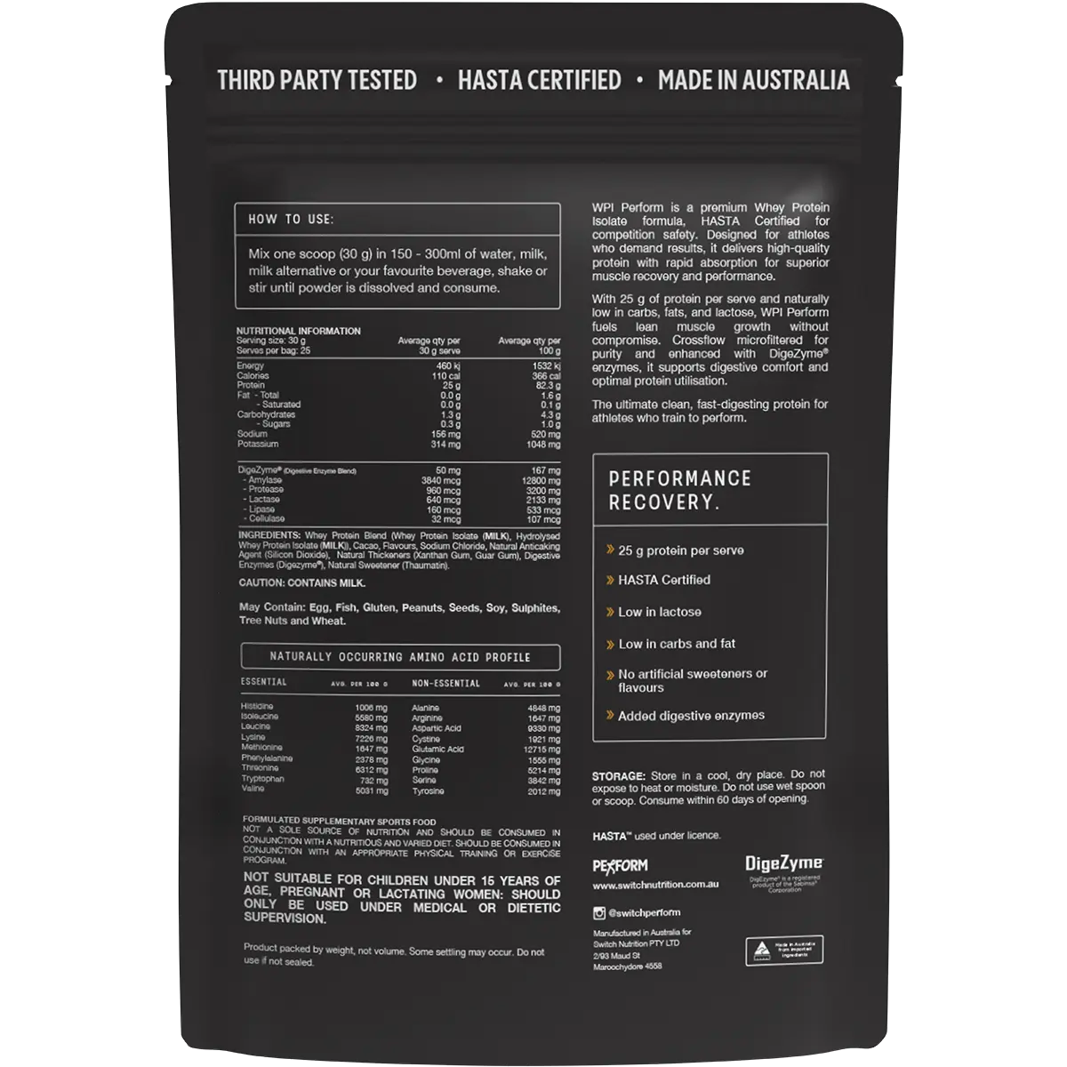 Switch Nutrition Perform Whey Protein Isolate Hasta Cert Chocolate Milk 750g