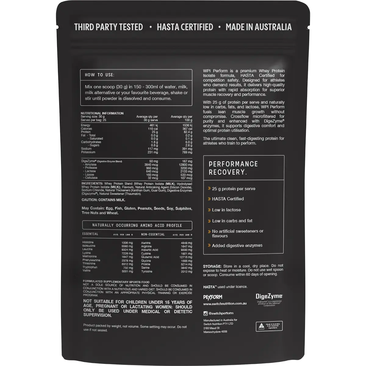 Switch Nutrition Perform Whey Protein Isolate Hasta Cert Vanilla 750g