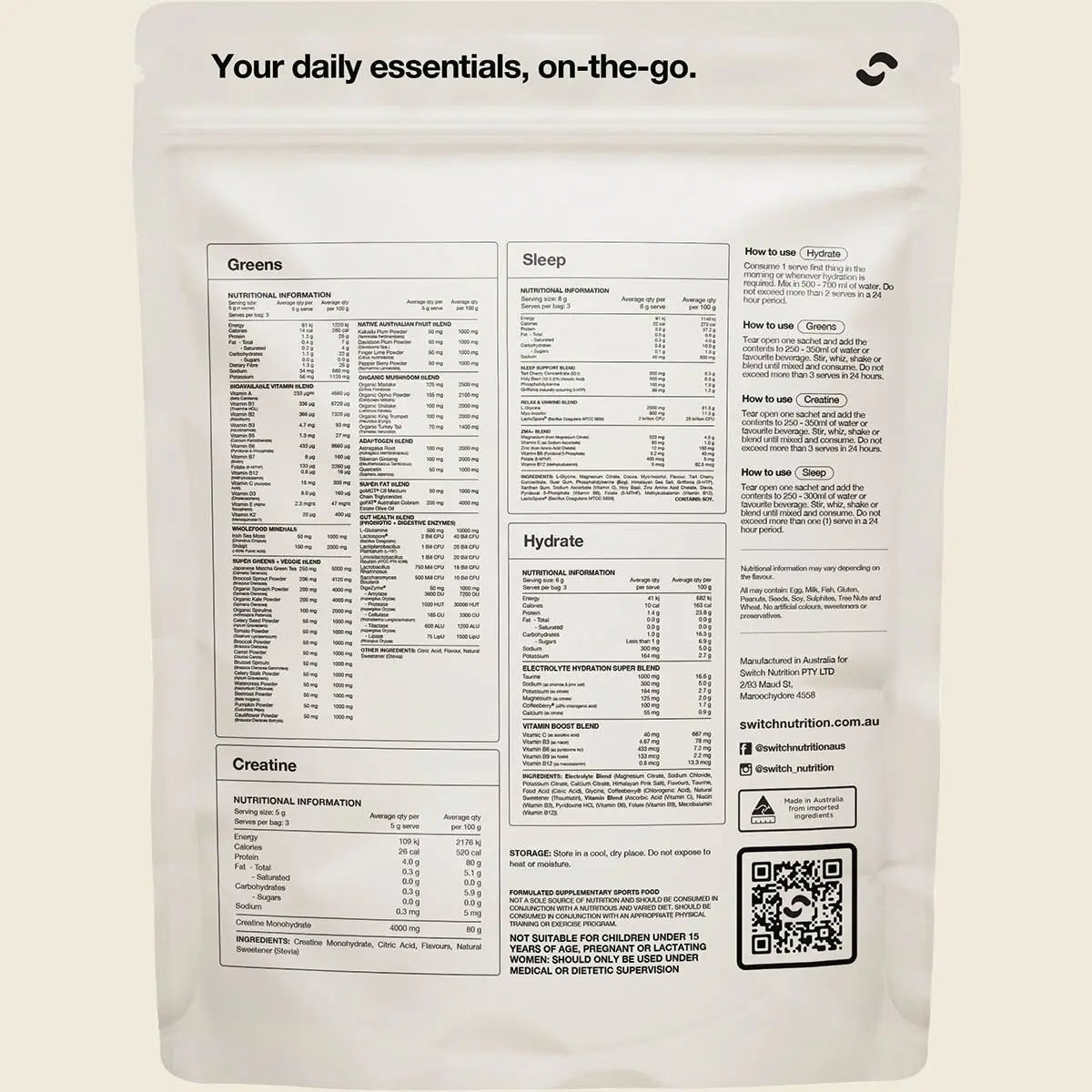 Switch Nutrition Daily Essentials Sachets 12pk back