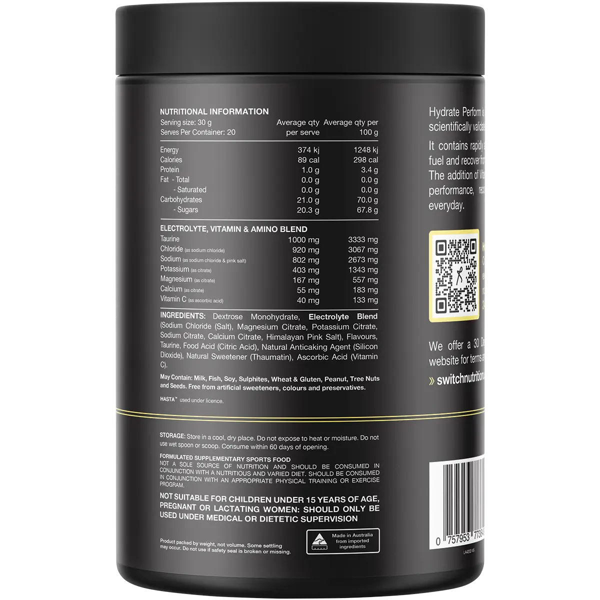Switch Nutrition Hydrate+ Electrolytes & Carbohydrate Lemon Lime 600g back of packaging