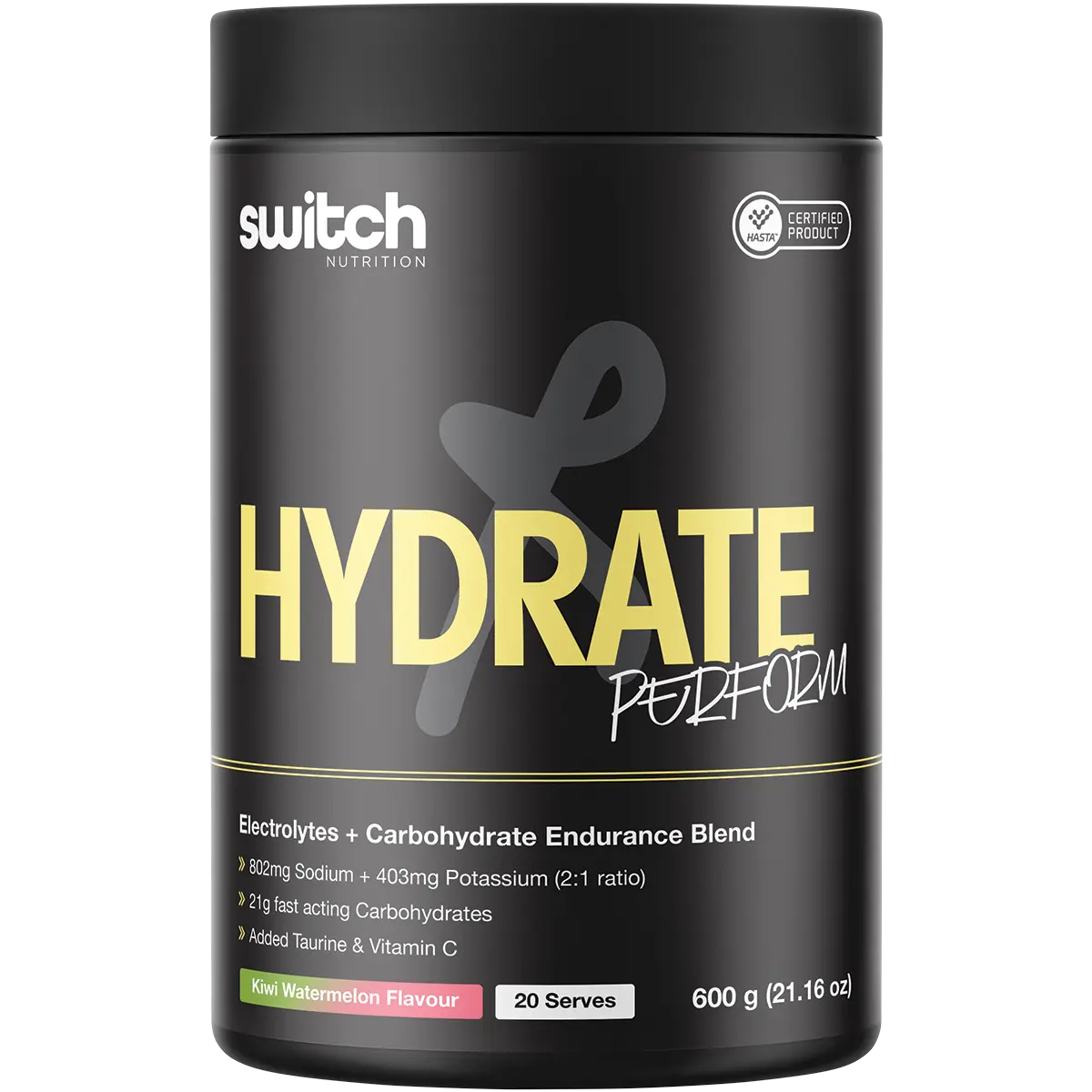 Switch Nutrition Perform Hasta Hydrate & Carbs Kiwi Watermelon 600g — front pack image (UHP)