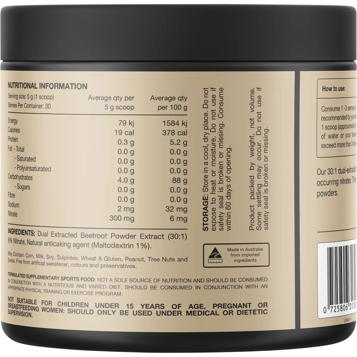 Switch Nutrition Beetroot Triple Strength 6% Nitrate 30:1 Dual Extract 150g — back of pack
