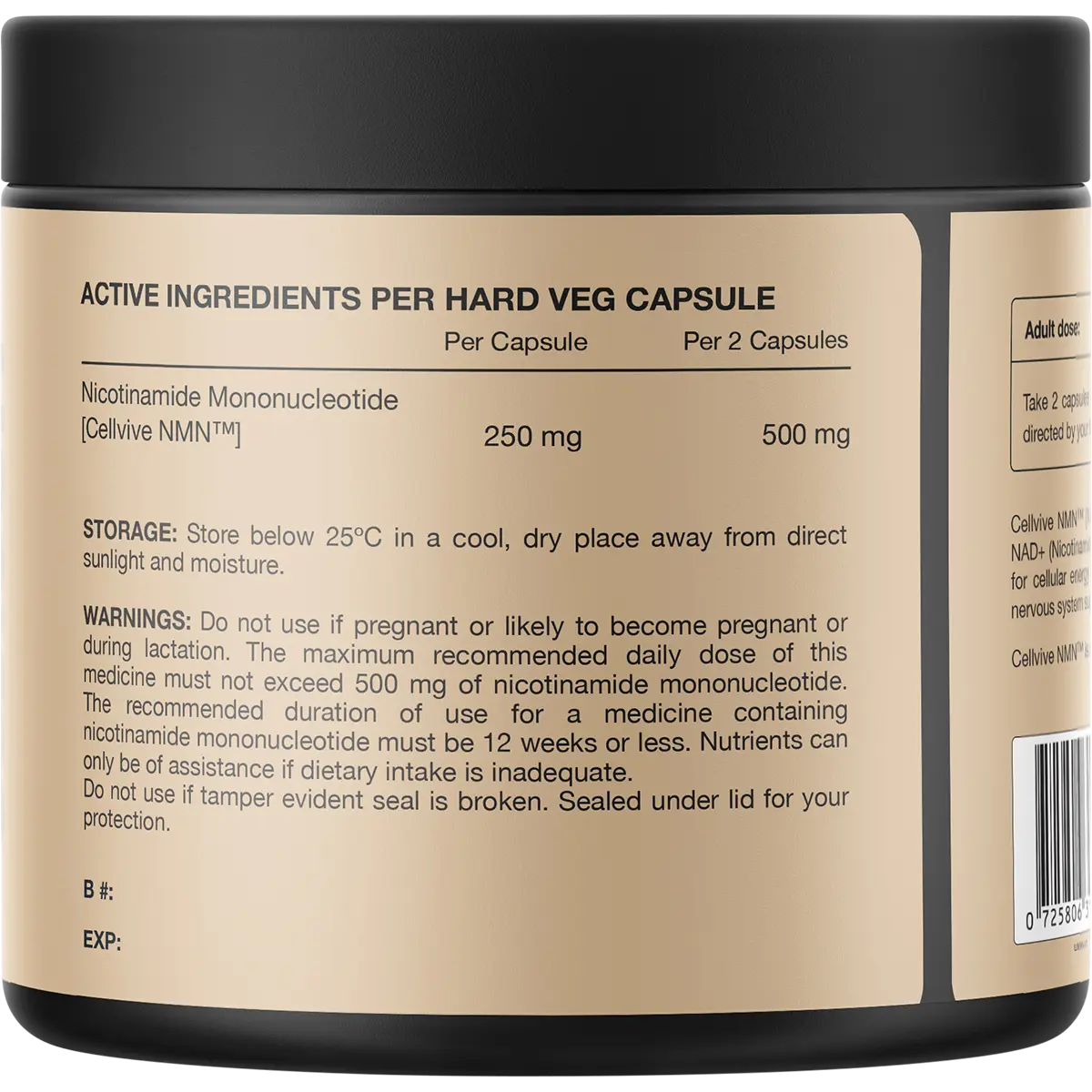 Switch Nutrition NMN Cellvive Nicotinamide Mononucleotide 60 Caps — back of pack and product information
