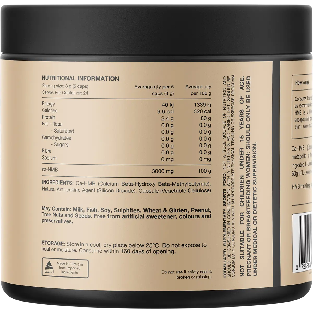 Switch Nutrition HMB Ca-Beta-Hydroxy Beta-Methylbutyrate 120 Caps — back of pack and product information