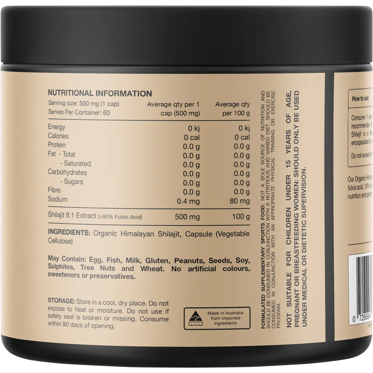 Switch Nutrition Shilajit Organic Himalayan Shilajit 8:1 60 Caps back of packaging