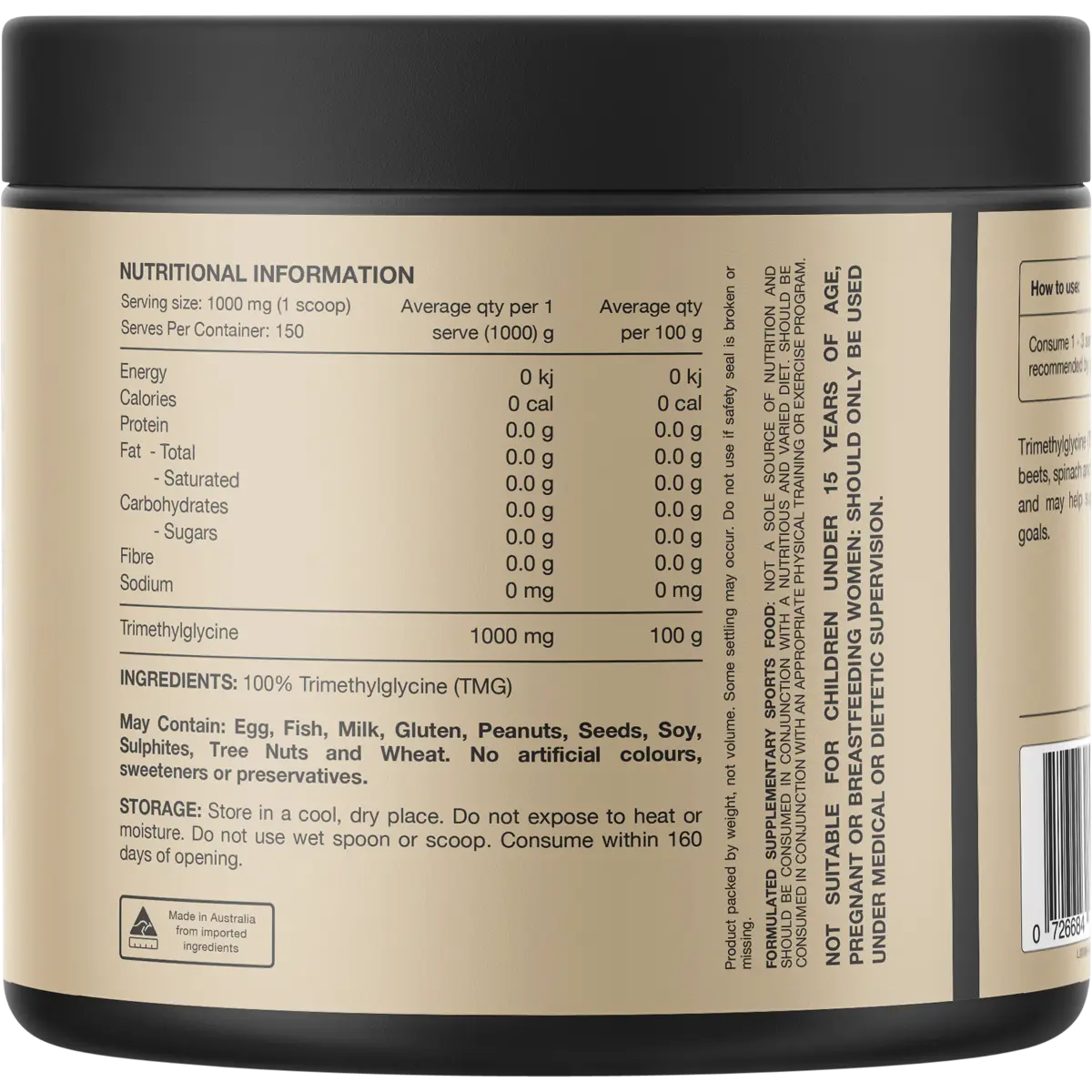Switch Nutrition TMG 100% Pure Trimethylgycine 150g — back of pack and product information