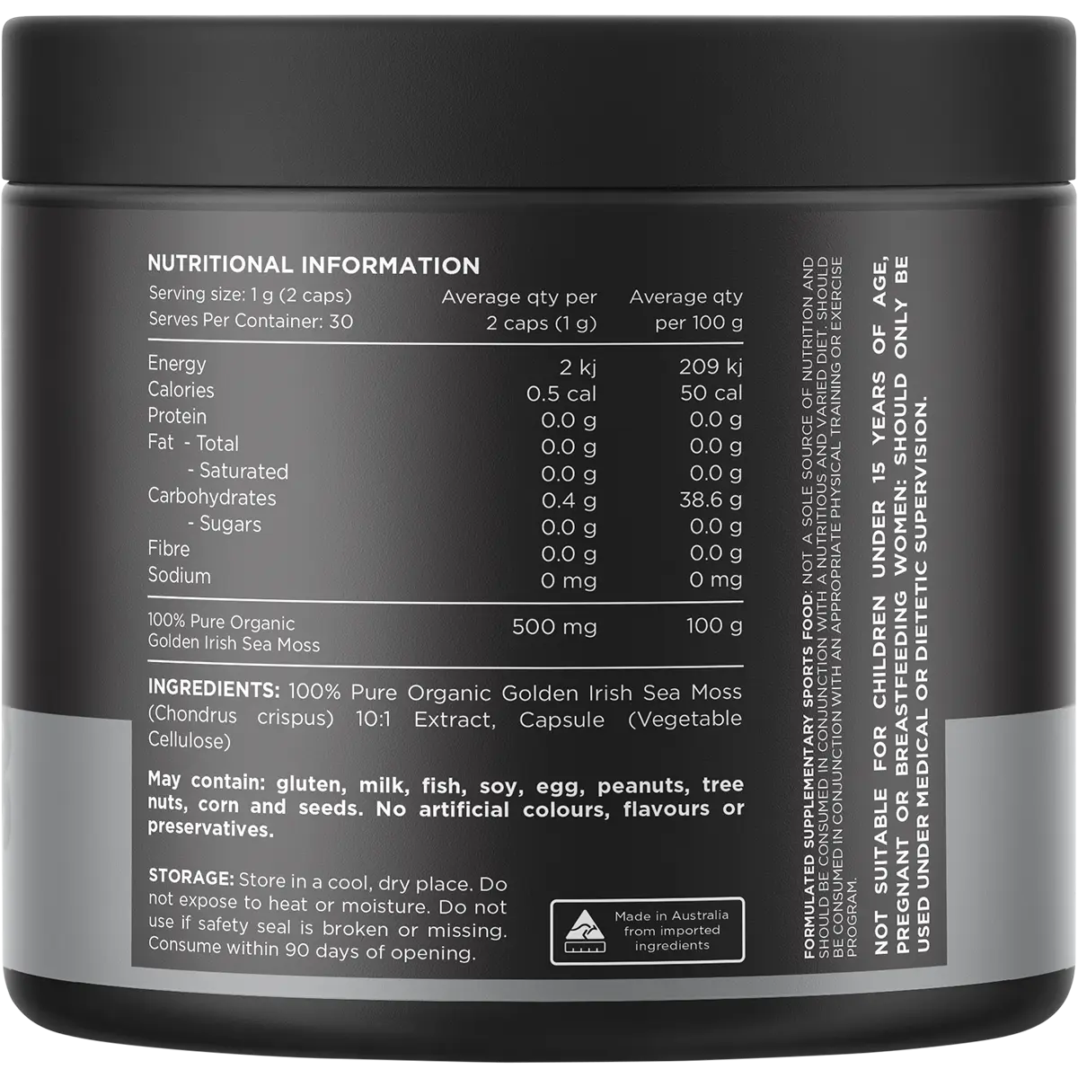 Switch Nutrition Sea Moss 10:1 Organic Irish Sea Moss Capsules 60 Caps back of packaging