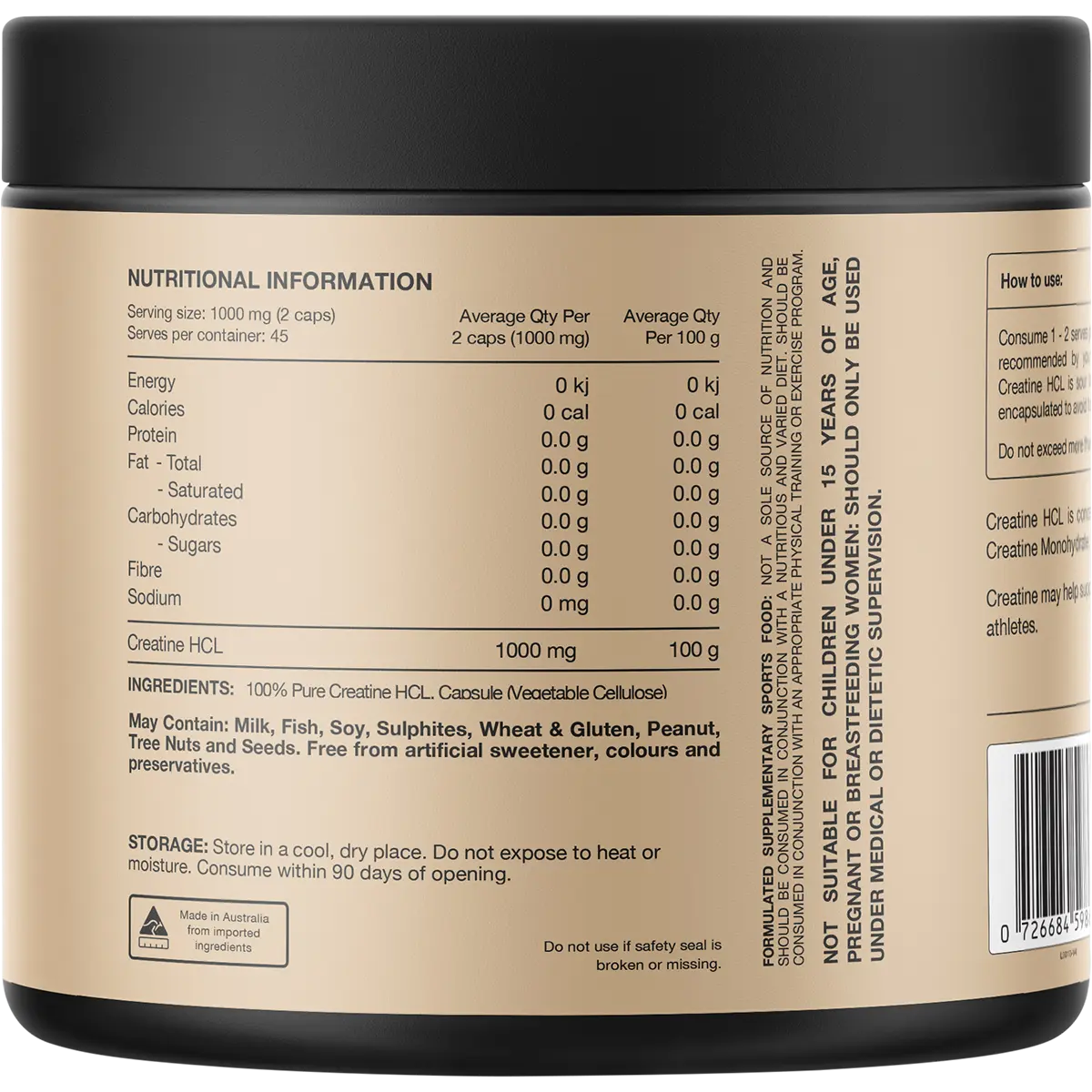 Switch Nutrition Creatine 100% Pure HCL — back pack image (UHP)