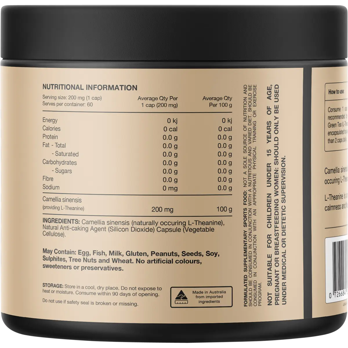 Switch Nutrition L-Theanine From Green Tea 60 Caps — back of pack and product information