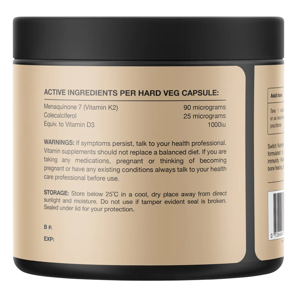 Switch Nutrition Vitamin D3 + K2 60 Caps — back of pack and product information