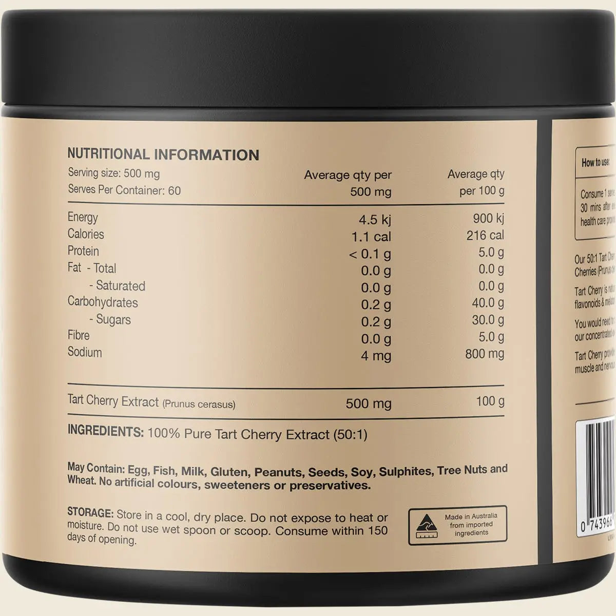 Switch Nutrition Tart Cherry Extract Powder 50:1 Unflavoured 30g — exact back label and nutrition image