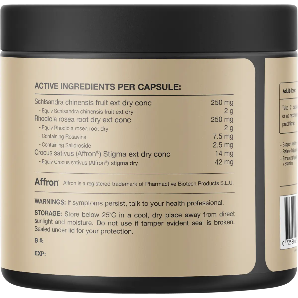 Switch Nutrition Saffron + Rhodiola Stress Relief 60 Caps — back of pack and product information