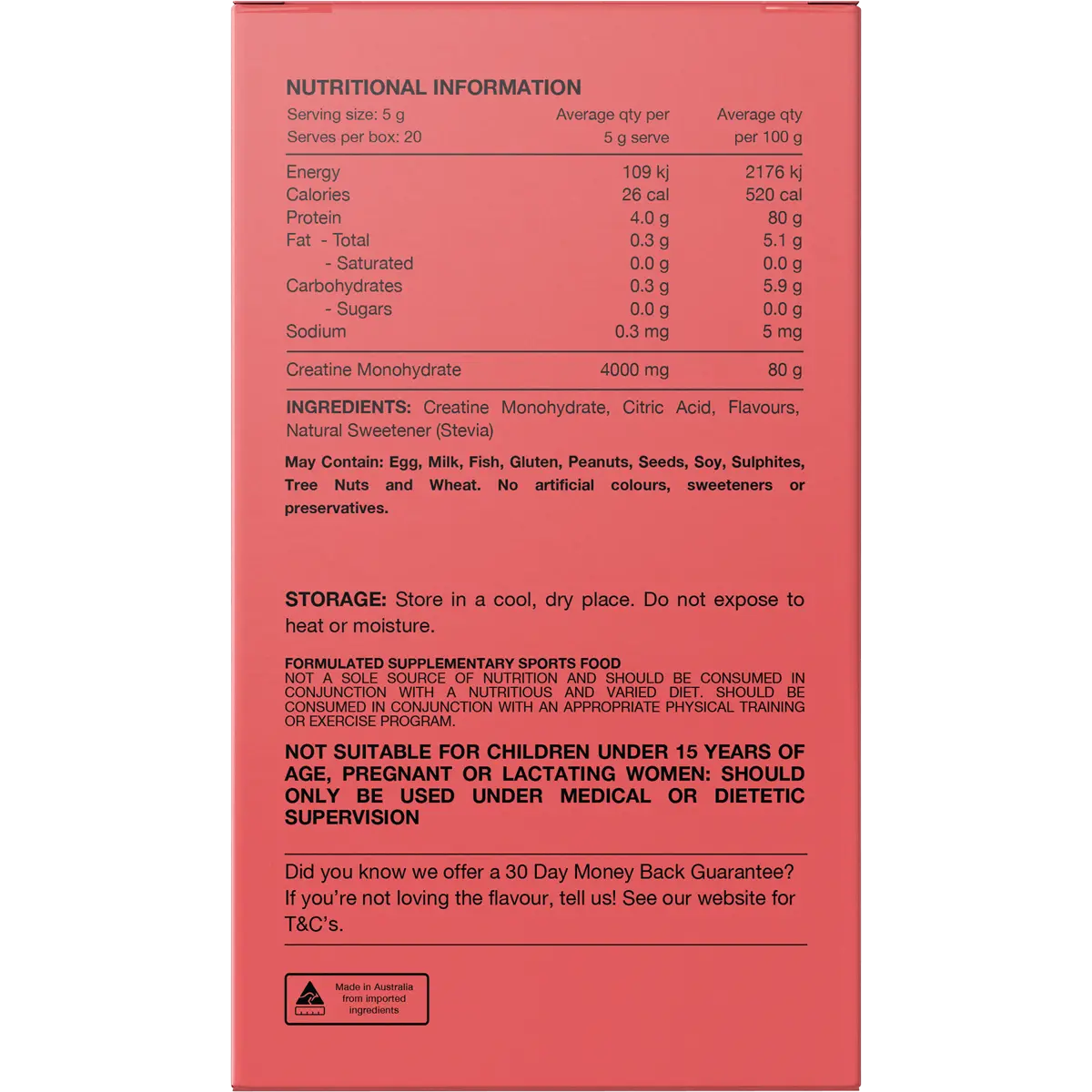 Switch Nutrition Creatine Monohydrate Sachets Mango Passionfruit 20x5g — back of pack and product information