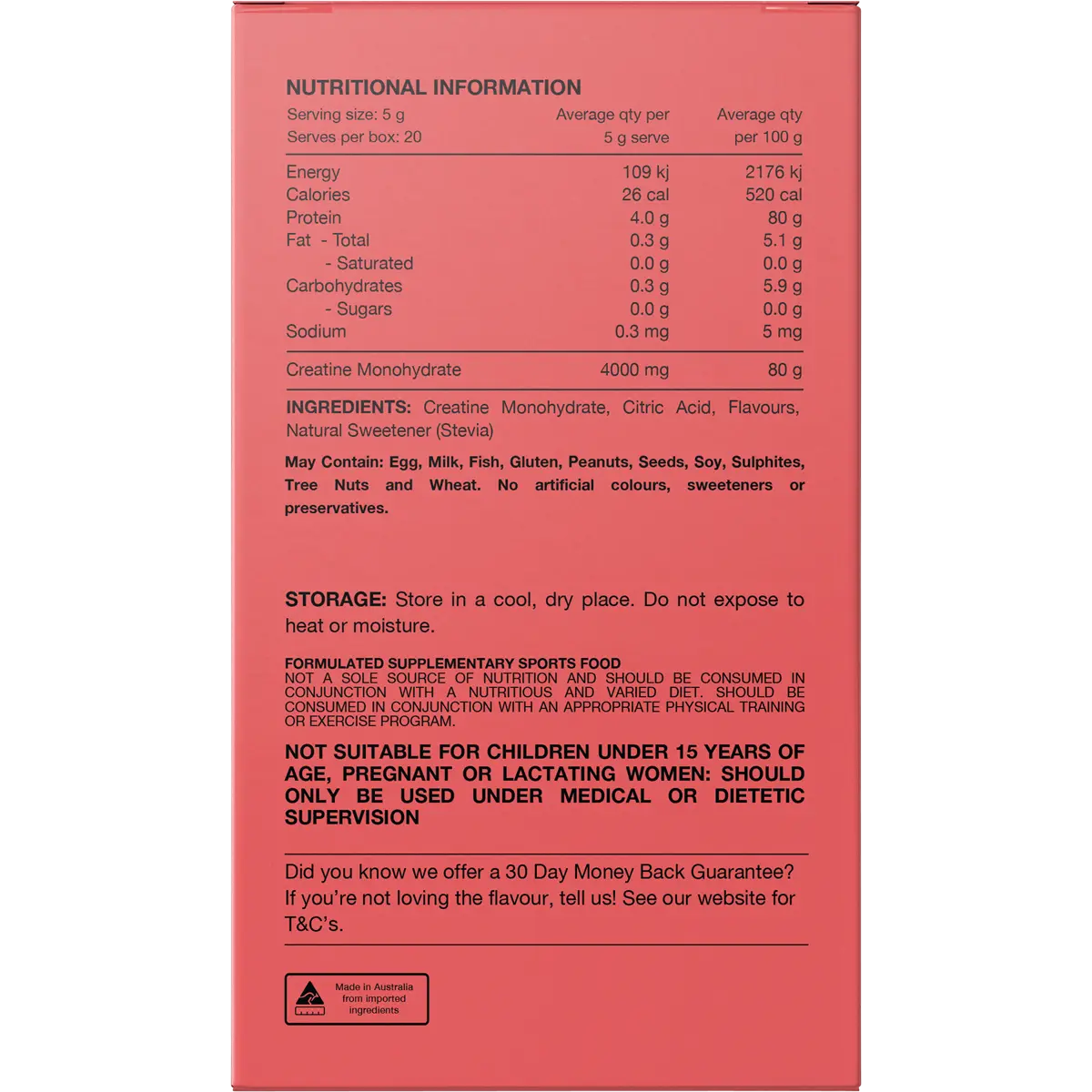 Switch Nutrition Creatine Monohydrate Sachets Red Raspberry 20x5g — back of pack and product information