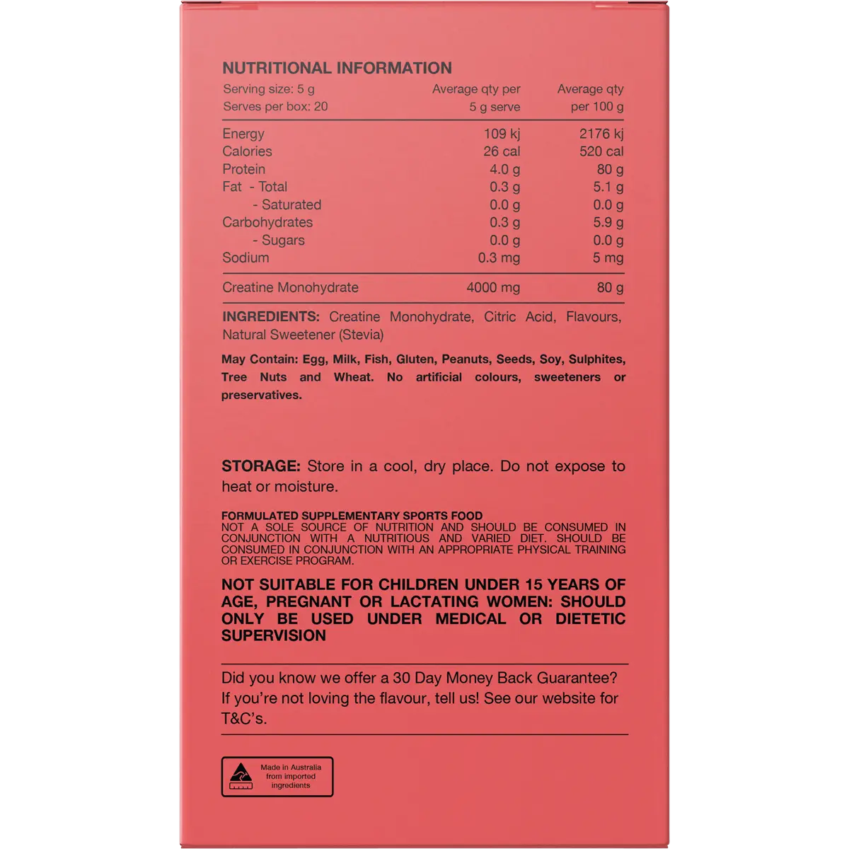 Switch Nutrition Creatine Monohydrate Sachets Refreshing Lime 20x5g — back of pack and product information