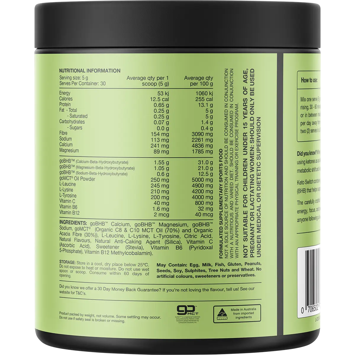 Switch Nutrition Keto BHB Ketogenic Performance Fuel Raspberry 150g — back pack image (UHP)