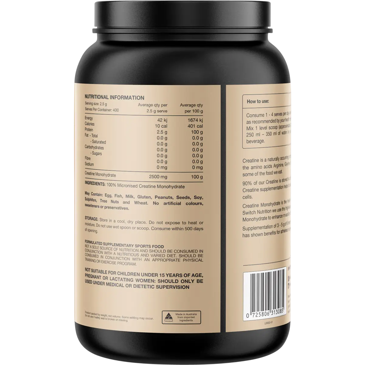 Switch Nutrition Creatine 100% Pure Micronized Monohydrate Unflavoured 1kg — secondary image (UHP Image2)
