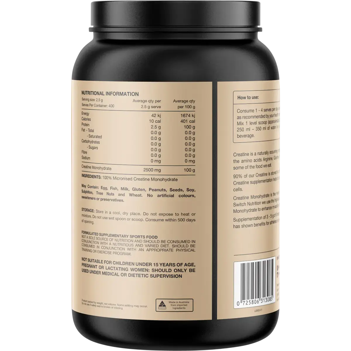 Switch Nutrition Creatine Monohydrate 1kg back label