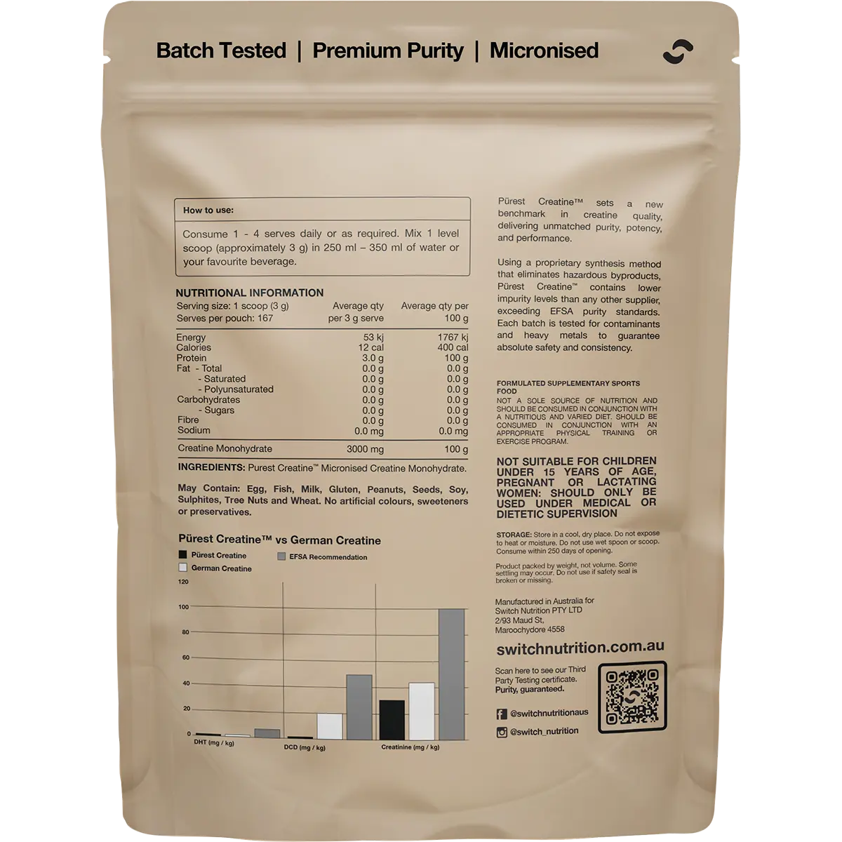 Switch Nutrition Purest® Creatine Monohydrate 500g — back pack image (UHP)
