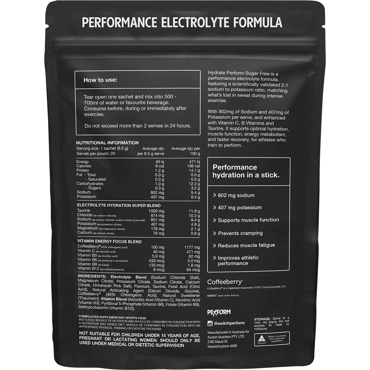 Switch Nutrition Hydrate Perform Sugar Free Lemon Lime — back pack image (UHP)