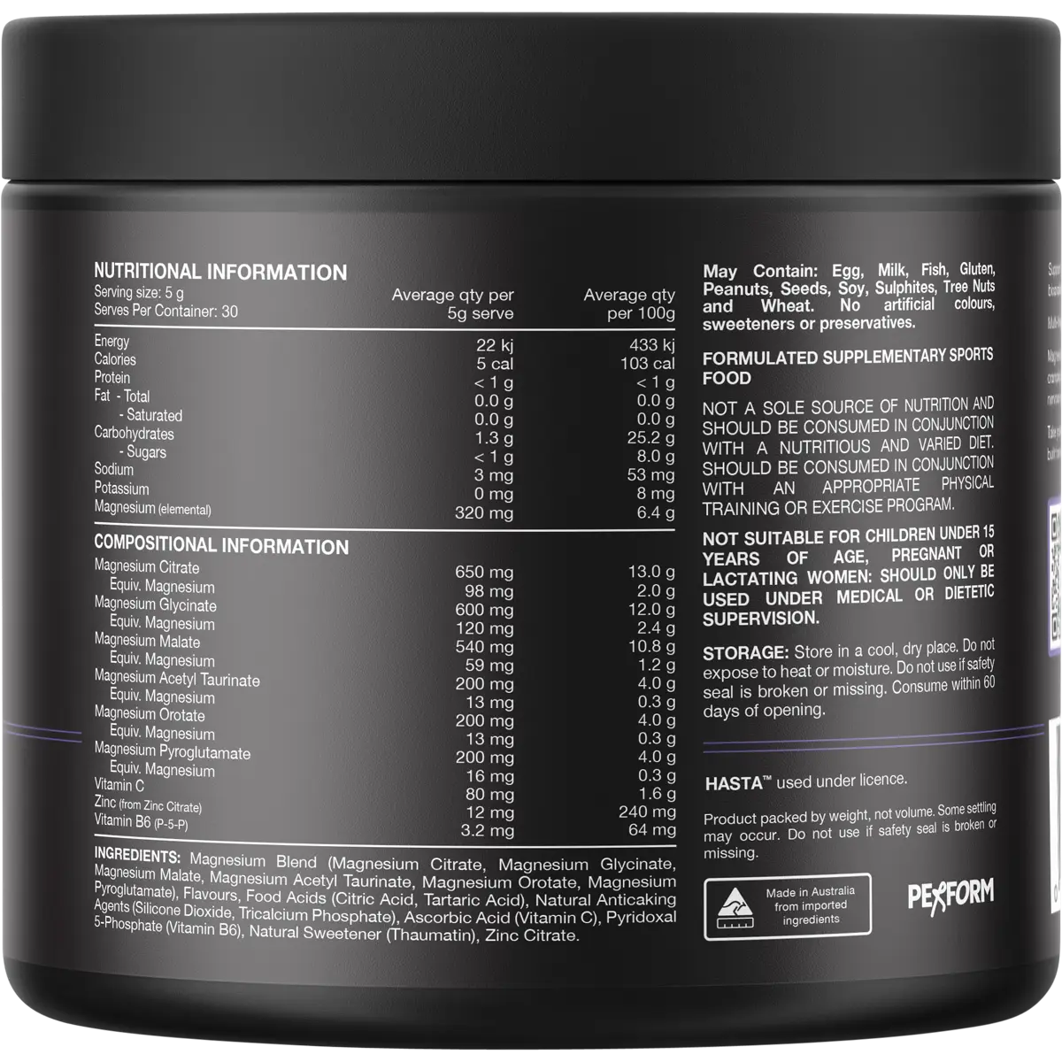 Switch Nutrition Perform Hasta Multi-Mag Raspberry 150g — back of pack and product information
