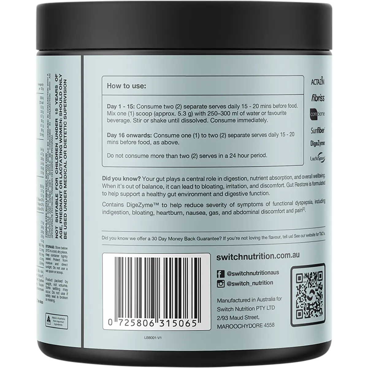Switch Nutrition Gut Restore Mango Pineapple 159g — side pack image (UHP)