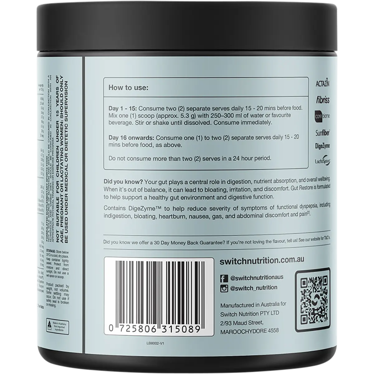 Switch Nutrition Gut Restore Cloudy Apple 159g — side pack image (UHP)