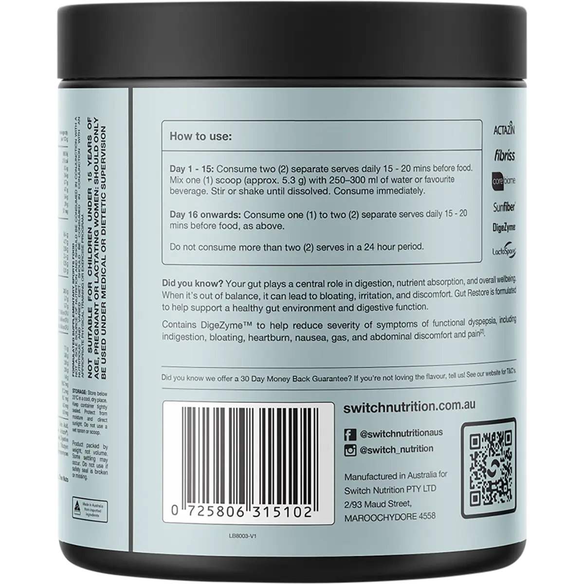 Switch Nutrition Gut Restore Natural 159g — side pack image (UHP)