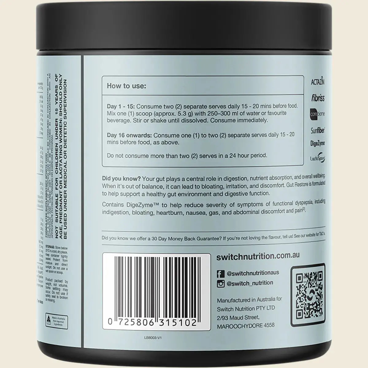 Switch Nutrition Gut Restore Natural 159g Switch Nutrition