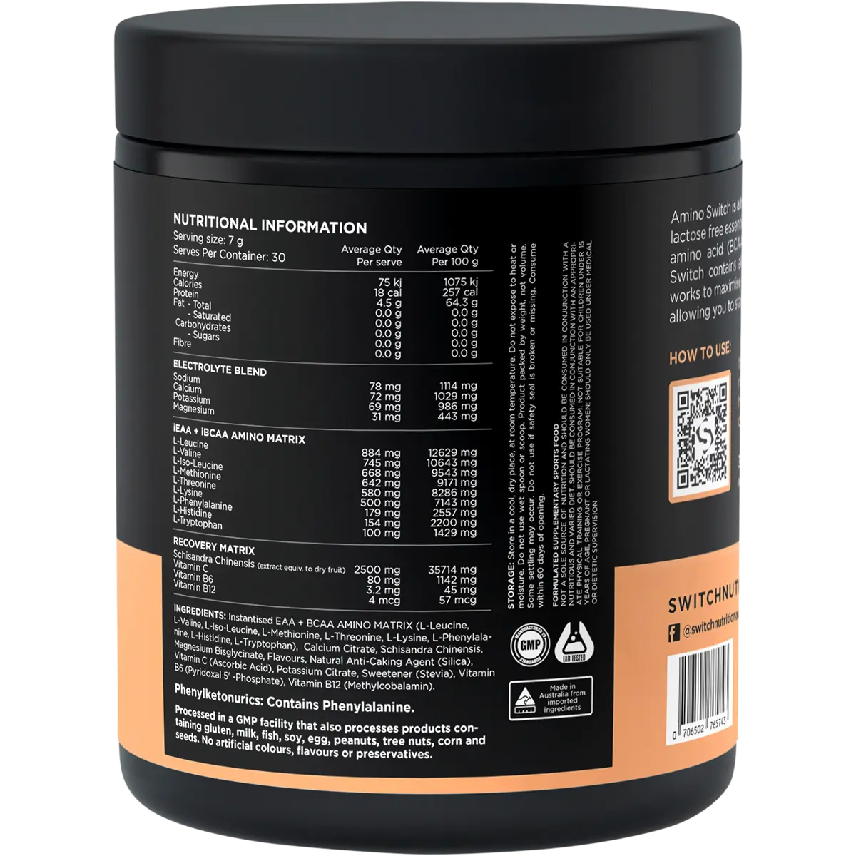 Switch Nutrition Amino EAA & BCAA Electrolyte Recovery Lemonade 210g — back pack image (UHP)