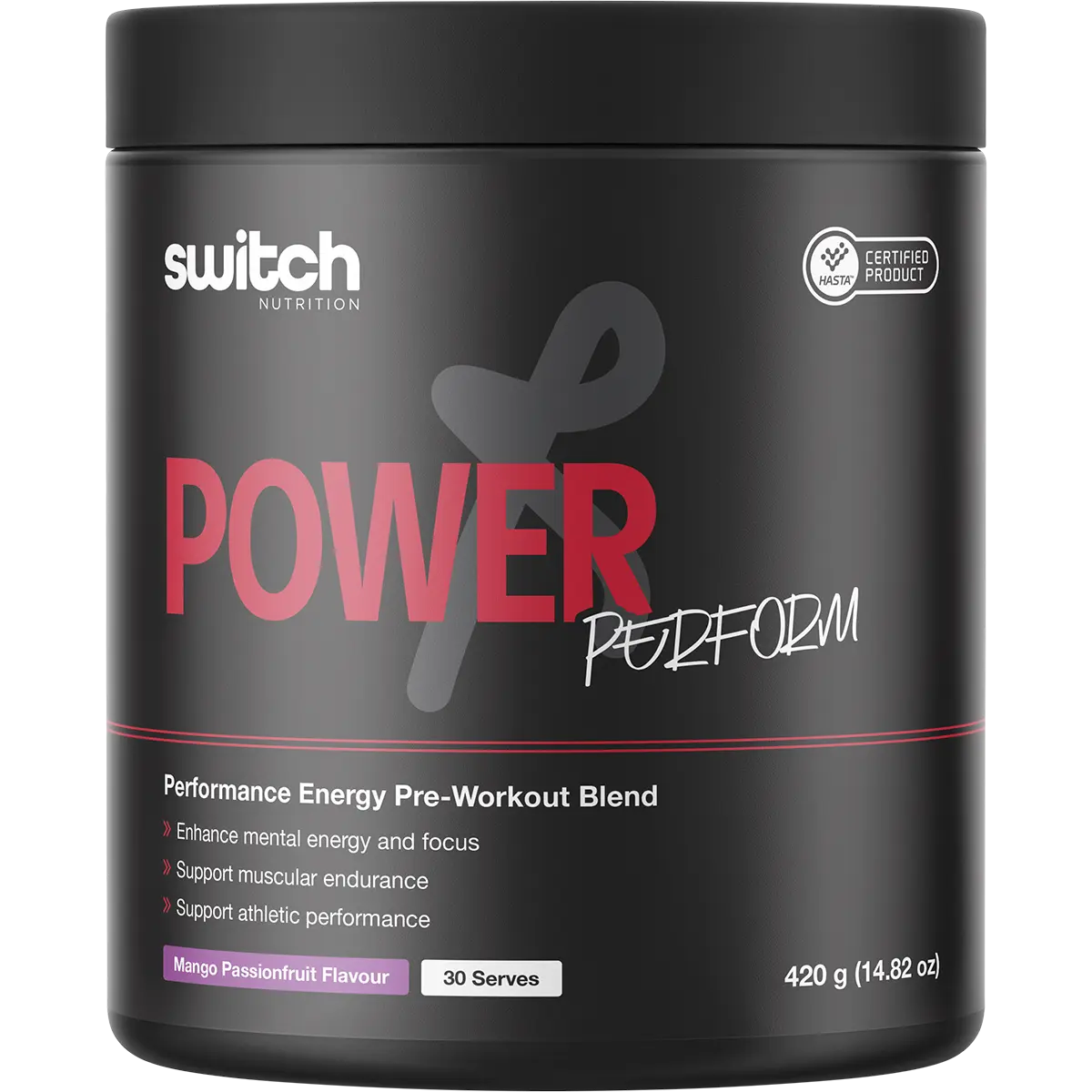 Switch Nutrition Power Perform Pre-Workout Blend Mango Passionfruit 420g — replacement front image (official Switch Nutrition)