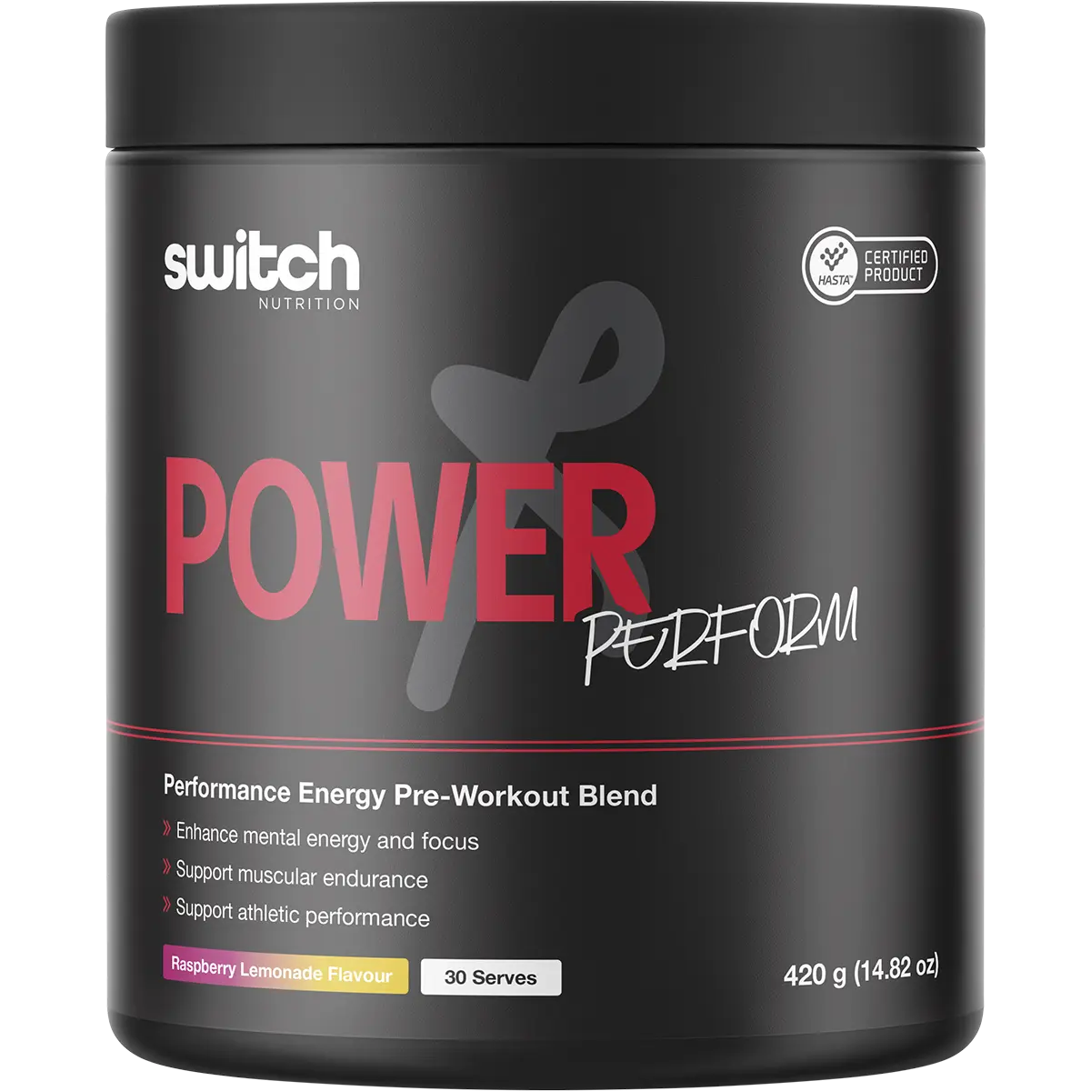 Switch Nutrition Power Perform Pre-Workout Blend Raspberry Lemonade 420g — replacement front image (official Switch Nutrition)