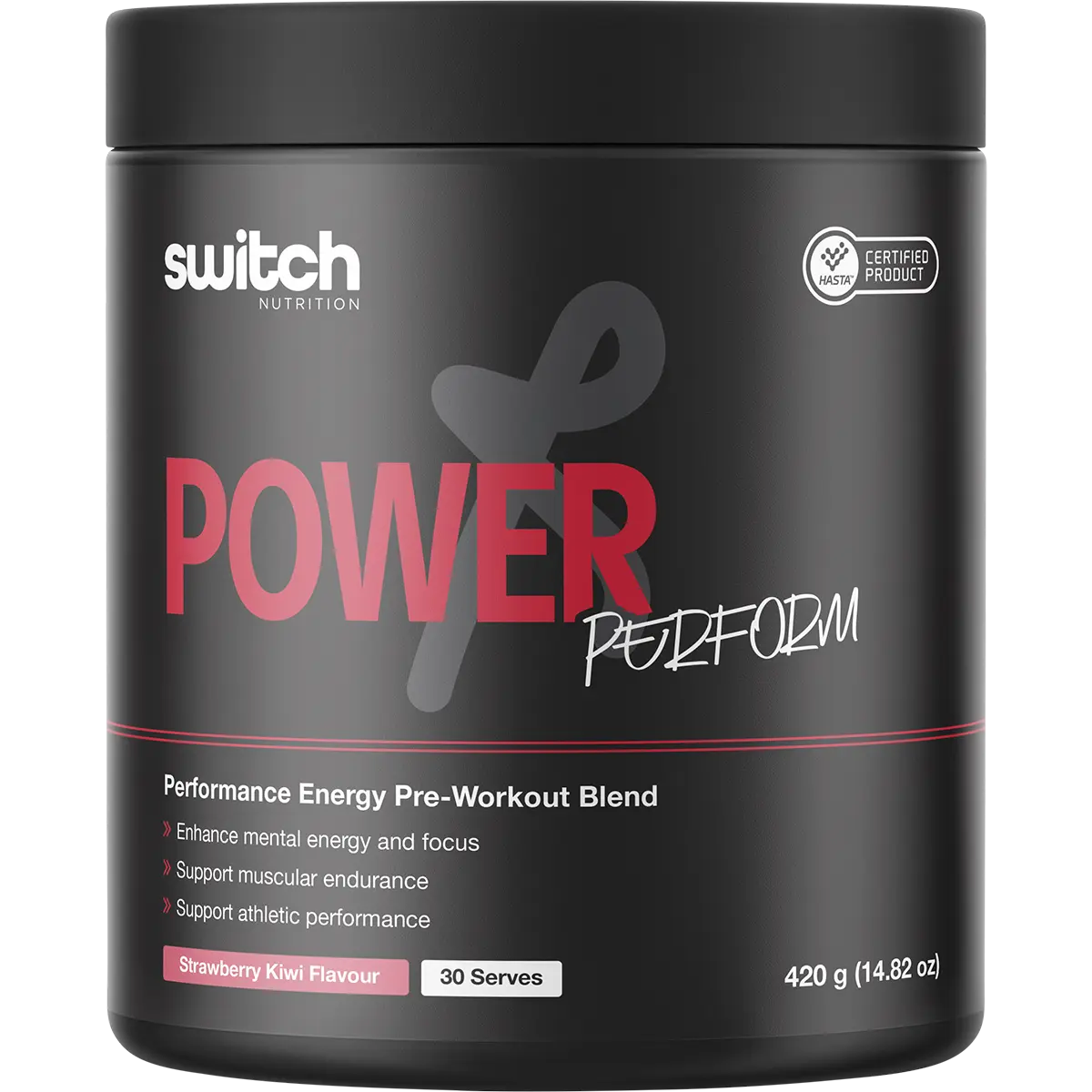 Switch Nutrition Power Perform Pre-Workout Blend Strawberry Kiwi 420g — replacement front image (official Switch Nutrition)