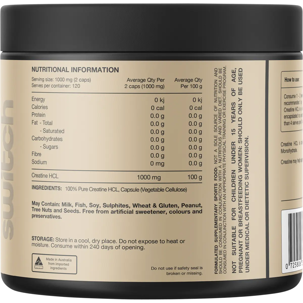 Switch Nutrition Creatine 100% Pure HCL — back pack image (UHP)