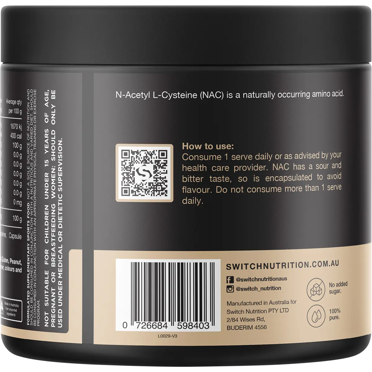 Switch Nutrition NAC 100% N-Acetyl L-Cysteine 60 Caps