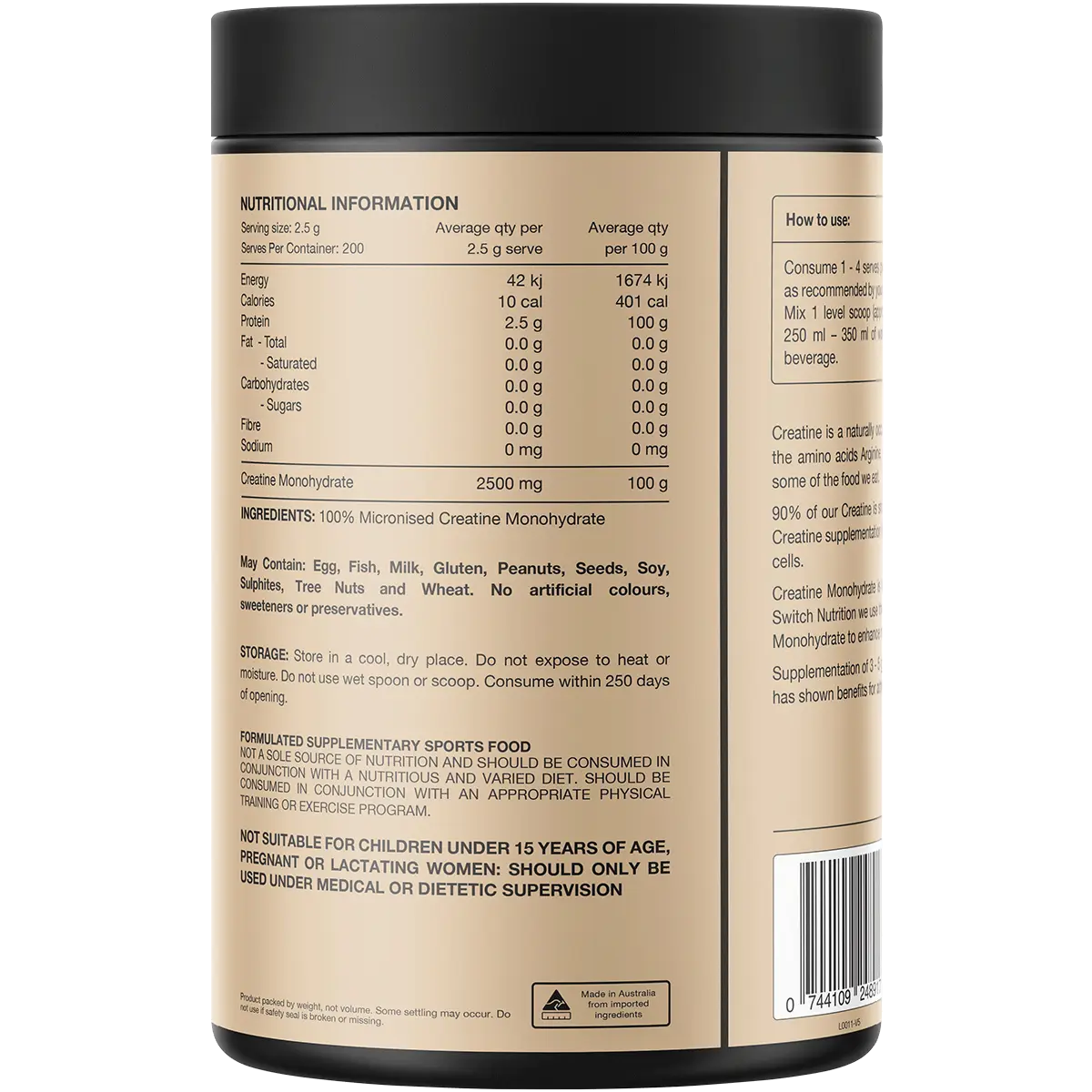 Switch Nutrition Creatine 100% Pure Monohydrate Unflavoured — back pack image (UHP)