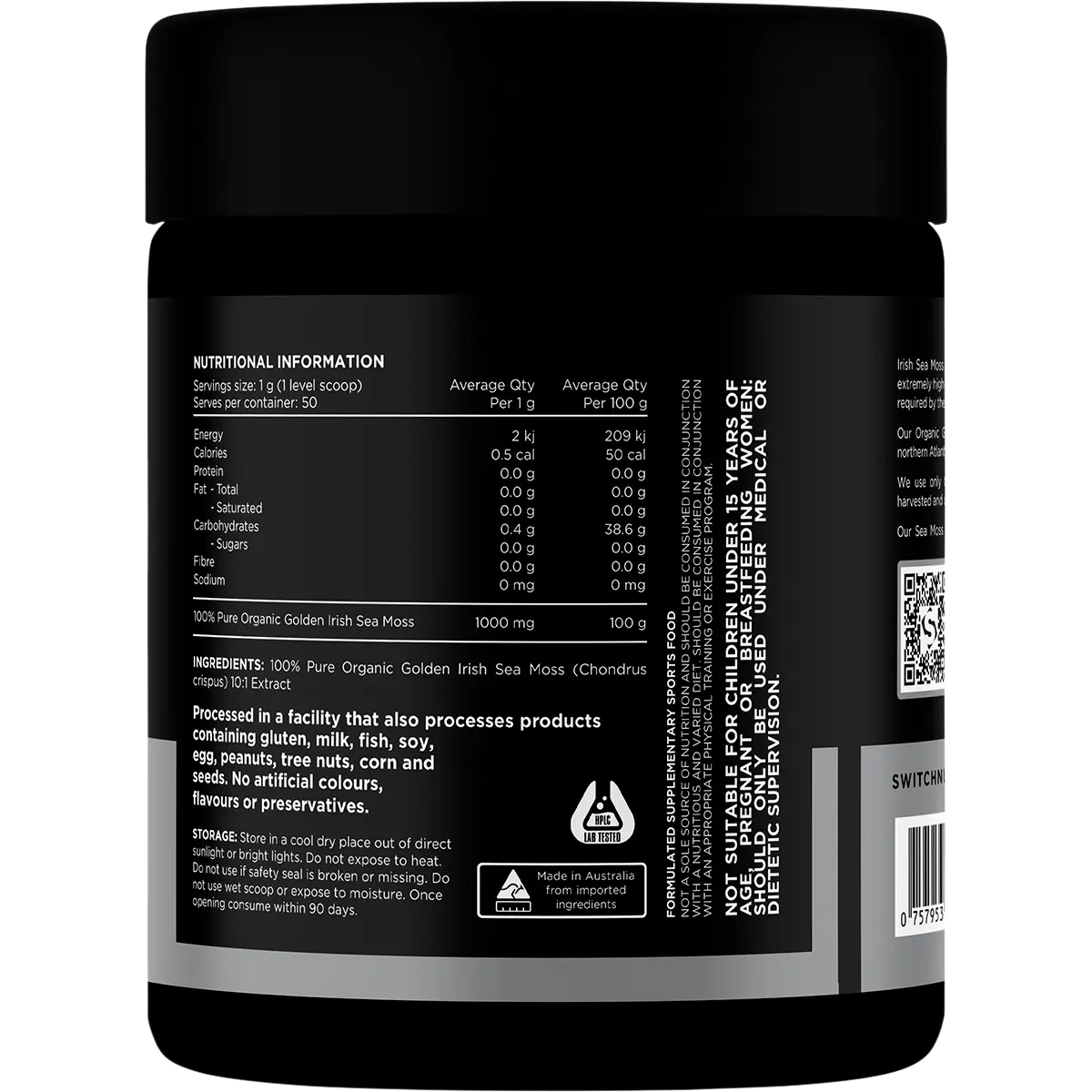 Switch Nutrition 100% Pure Golden Irish Sea Moss 50g — back pack image (UHP)