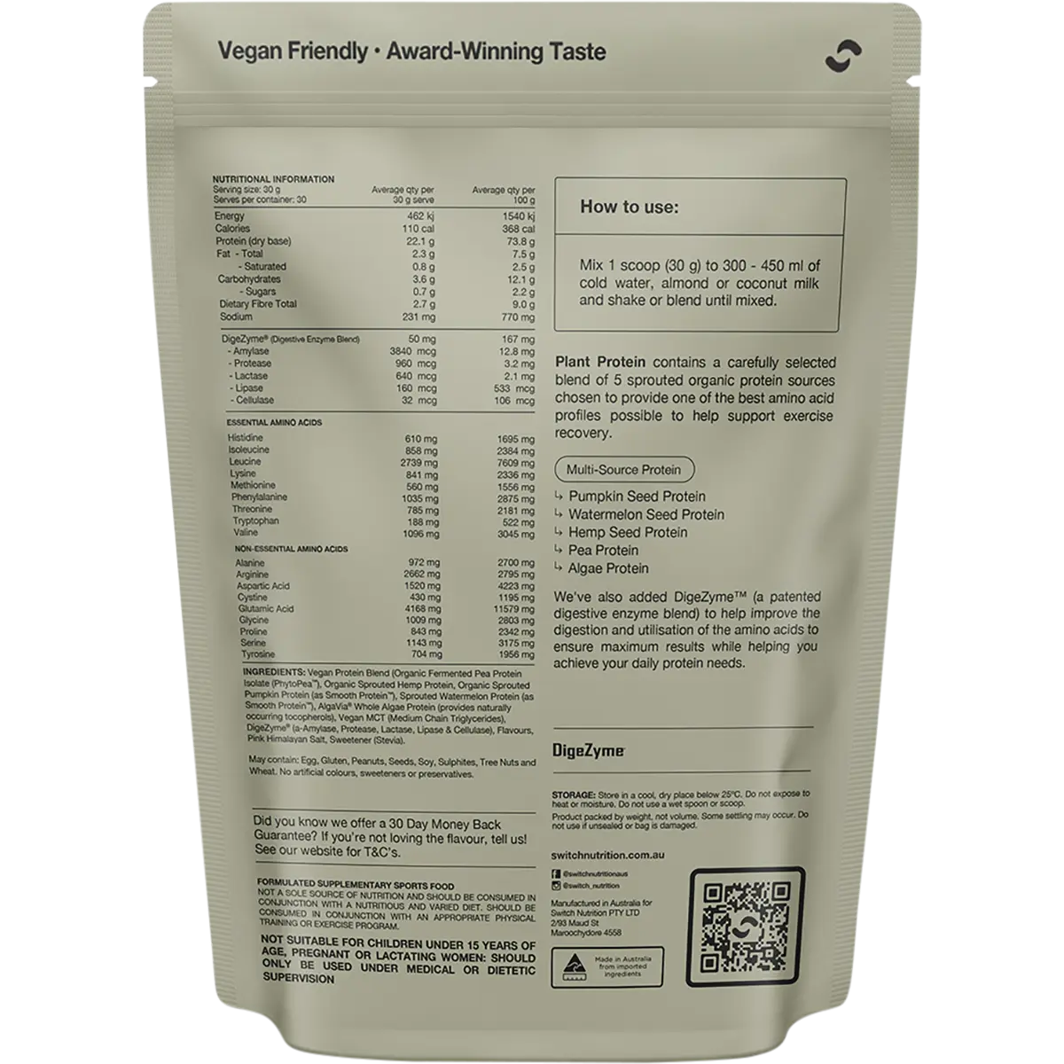 Switch Nutrition Protein Organic Sprouted Plant Vanilla Bean 900g — back pack image (UHP)